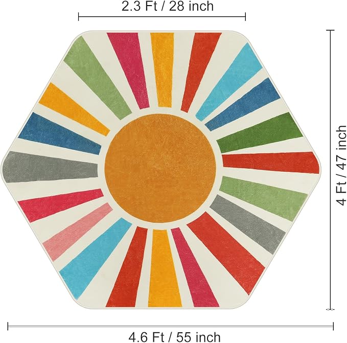 STARUIA Rainbow Machine Washable Rug for Playroom Kids Room, 4'x 4'7" Boho Sun for Girls Boys, Non-Slip Sunshine Carpet Small Play for Classroom Reading Corner Dorm
