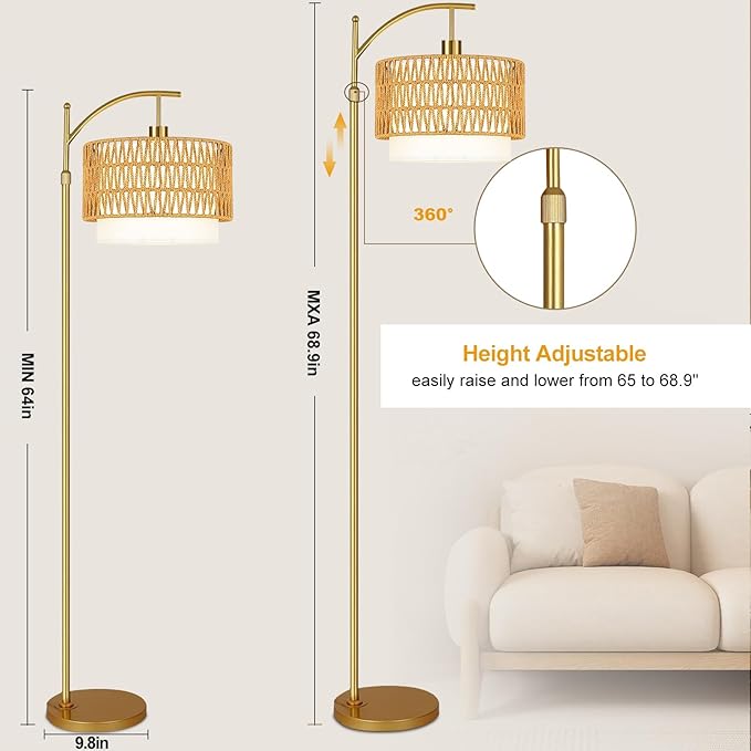 Gold Floor Lamps for Living Room Rattan Boho Floor Lamp with Remote Control & 3 Color Temperature, Dimmable Arc Floor Lamps Wicker Lamp Shades Brass Standing Lamp Tall Floor Lamp For Bedroom Corner