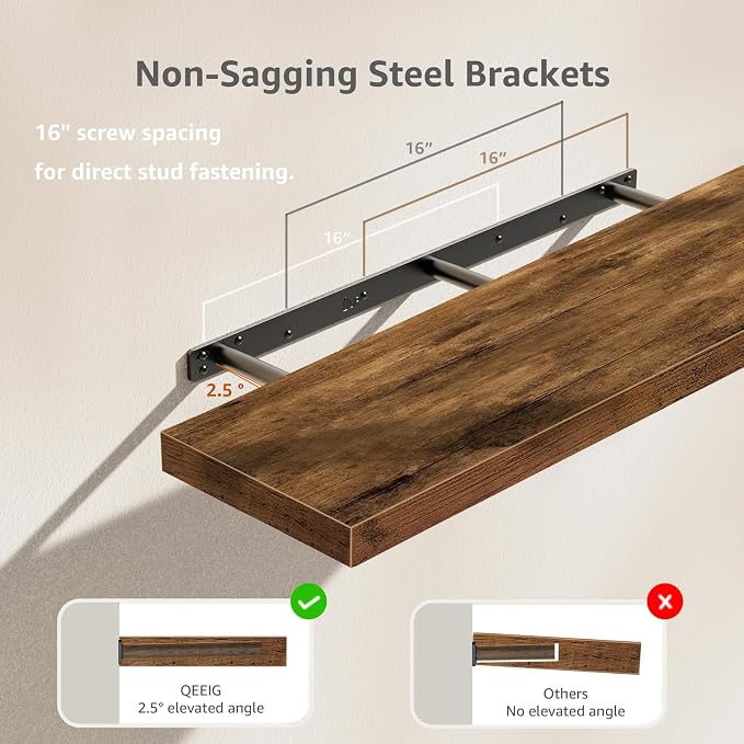 QEEIG Floating Shelves for Wall 31.5" Long - Wall Mounted Shelf Bathroom Kitchen Living Room Bedroom Farmhouse Home Decor Display Bookshelf Large 31.5 x 9.3 inch Set of 2, Rustic Brown (008-80BN)