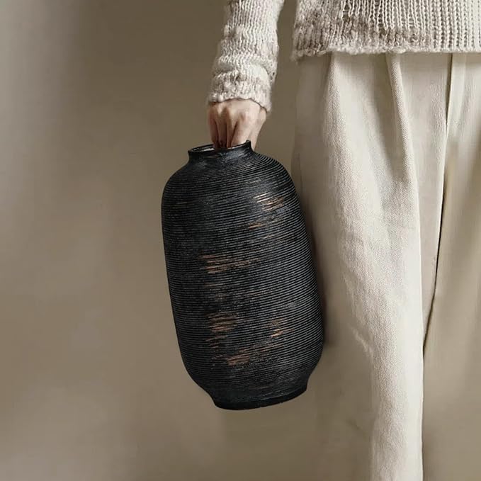 Black & Tall Ceramic Rustic Vase, 10.8 Inch Large Textured Flower Vase, Farmhouse Decorative Floral Pottery for Home Decor Table Living Room Entryway Mantel Bedroom Bathroom Kitchen (Black Bronze)