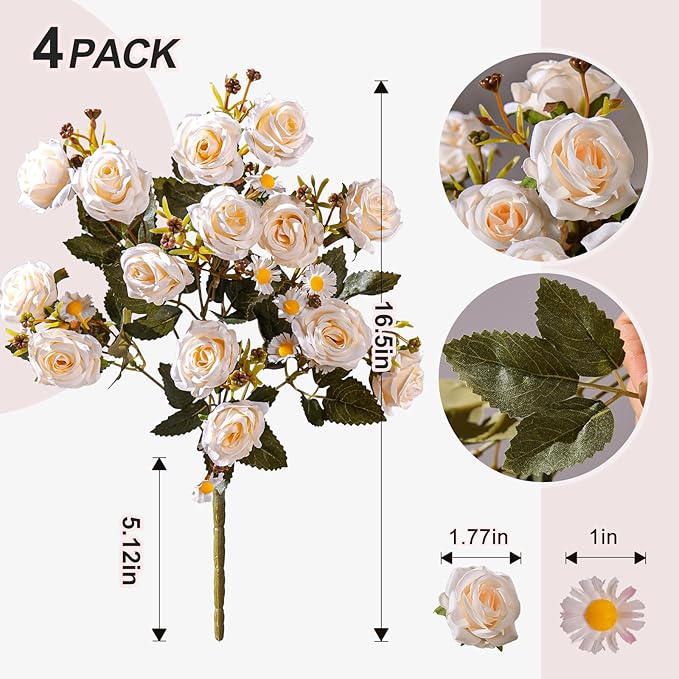Artificial Rose Flowers for Outdoor 4 Bundles Rose Bouquet with Daisy Faux Flowers UV Resistant for Home Indoor Outside Garden Porch Window Box Balcony Yard Porch Fall Decor (White)