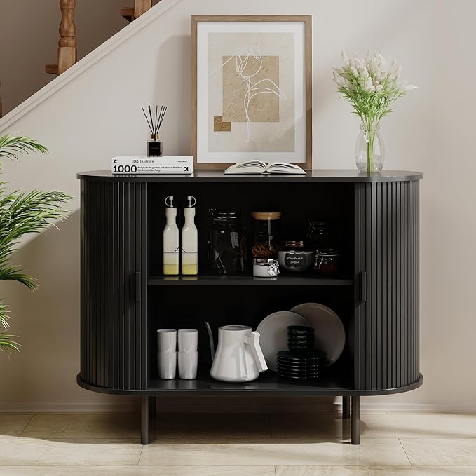 Buffet Sideboard Cabinet with Storage, 40" Fluted Cabinet with Sliding Door & Adjustable Shelf, Modern Accent Coffee Bar Console Table for Kitchen, Entryway, Black