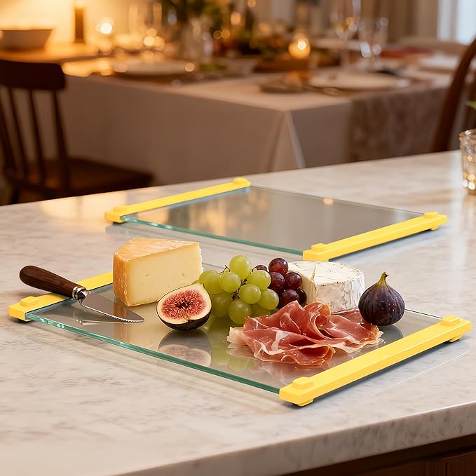 Tempered Glass Cutting Board for Kitchen, 12x16" & 12x8" 2 Pcs,Heat Resistant, with Non-Slip Feet, Non Toxic,Dishwasher Safe (Yellow)