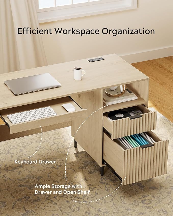 Fluted Executive Desk, 55" Modern Wood Home Office Desk with Charging Station, File Drawer, Open Storage, Computer Writing Desk for Work Study Writing, Light Oak