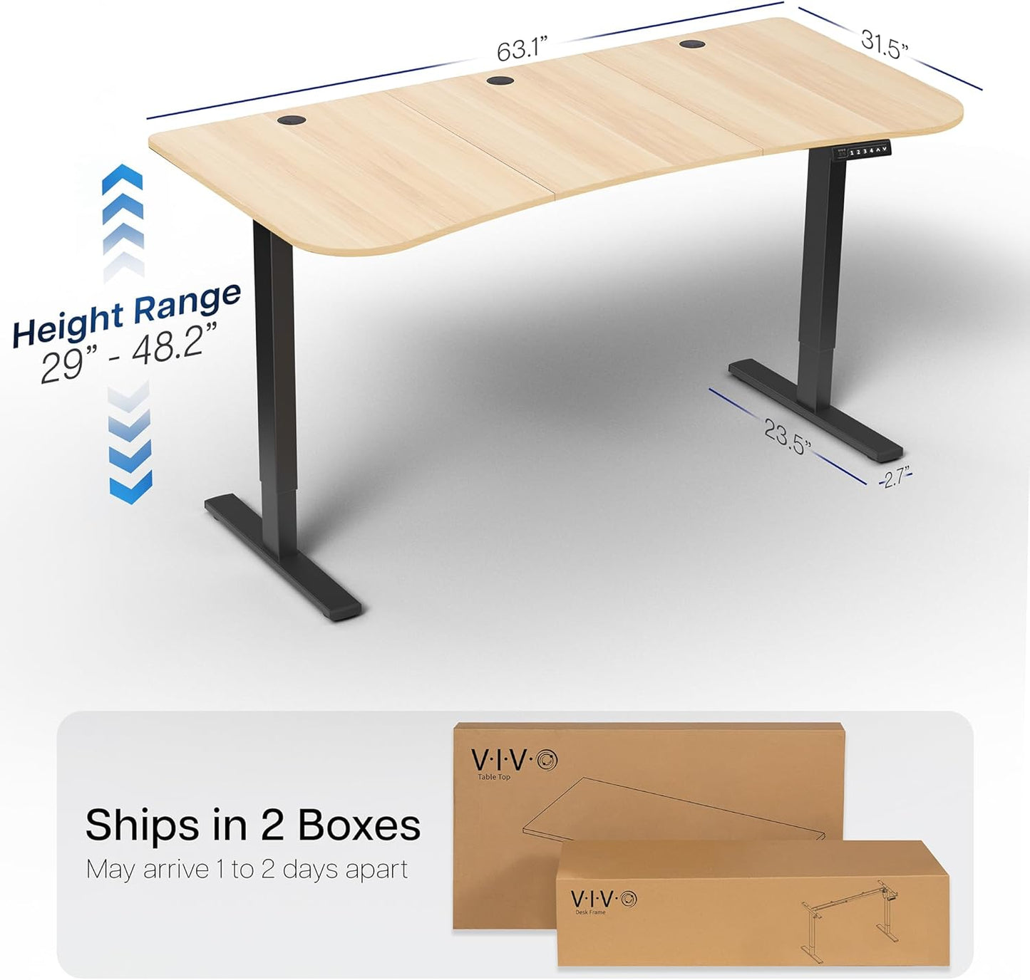 VIVO Electric Standing Desk - Memory Height Adjustment, 63 x 32 in, Light Wood Top & Black Frame