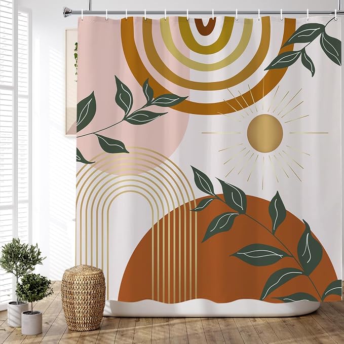 Boho Shower Curtain Mid Century Modern Shower Curtains For Bathroom Orange Minimalist Abstract Geometric Bohemian Shower Curtain Set Plant Botanical Leaf Fabric Bathroom Curtain 72x72 Inches