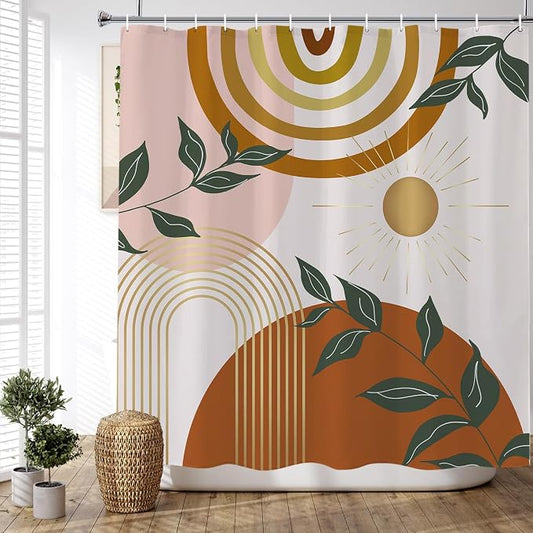 Boho Shower Curtain Mid Century Modern Shower Curtains For Bathroom Orange Minimalist Abstract Geometric Bohemian Shower Curtain Set Plant Botanical Leaf Fabric Bathroom Curtain 72x72 Inches