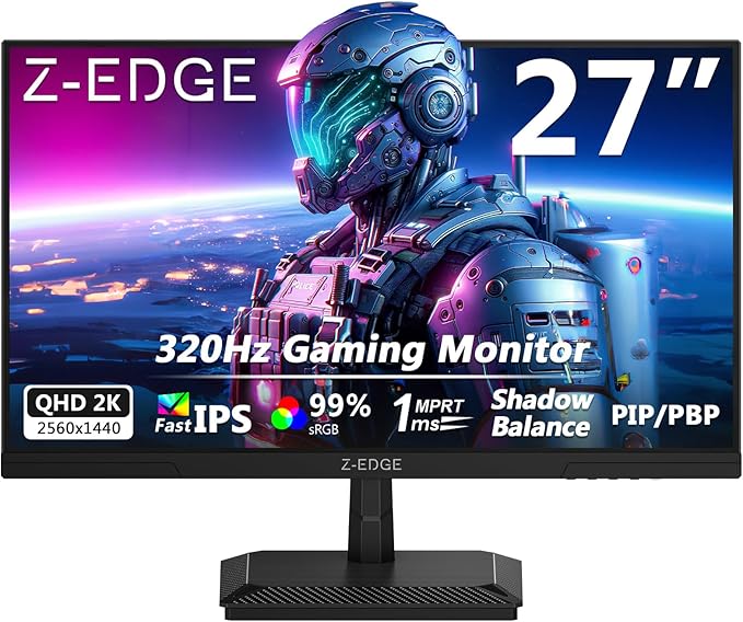 Z-Edge 27 inch Gaming Monitor 320Hz 300Hz, 2K QHD 1440P Fast IPS Monitor, G27IS 1ms MPRT Refresh Rate, sRGB 99%, Shadow Balance, PIP/PBP, HDMI 2.1x2, DP 1.4x2