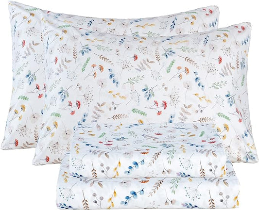 Bedlifes Full Sheet Set Ultra Soft, Breathable, Silky Flower Deep Pocket 100% Microfiber Bedding, 4 Piece Full Size White Floral