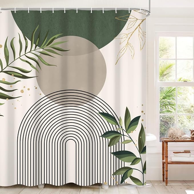 Boho Mid Century Shower Curtain, Green Pink Modern Minimalist Abstract Geometric Gold Plant Leaves Sun Arch Bathroom Curtains Waterproof Fabric Buthtub Curtain Set with Hooks 66" Wx72 L