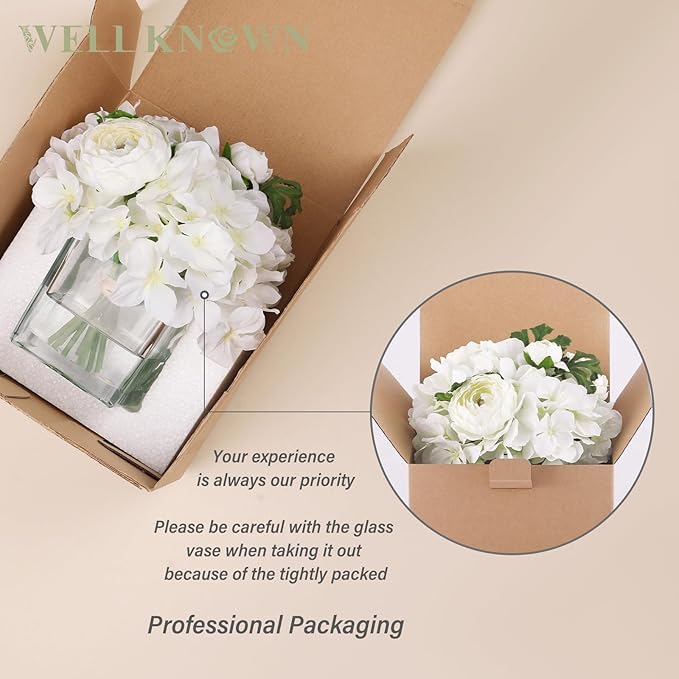 WELL KNOWN Fake Flowers in Vase, Hydrangea Ranunculus Artificial Flowers with Vase, Silk Faux Floral with Faux Water Arrangements Centerpiece for Office Dining Table Home Hotel Wedding Decor (White)