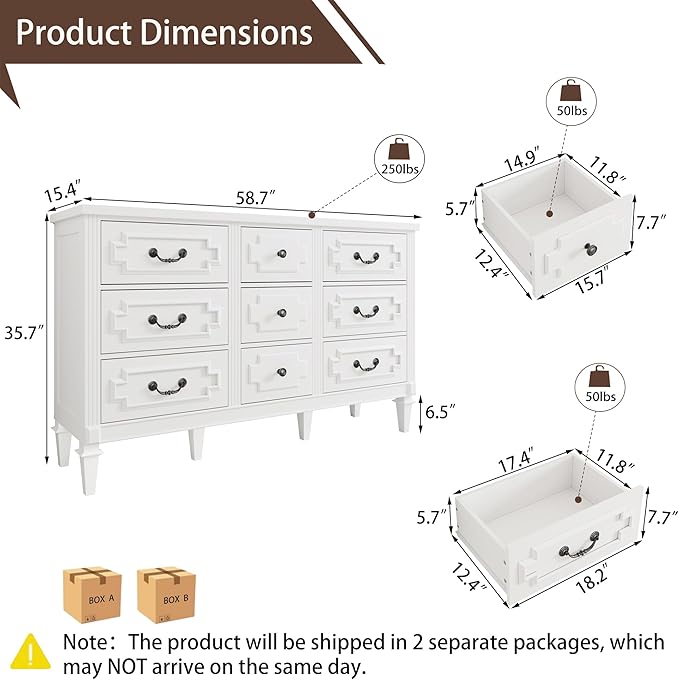 BLANKSPACE 9 Drawer Dresser for Bedroom, 35.7" Tall Dresser & Chest of Drawers wtih Vintage Surface, Closet Storage Cabinet for Living Room, Hallway, White
