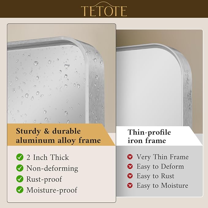 TETOTE 48 x 30 Inch Bathroom Vanity Mirror, Silver Framed Brushed Nickel Modern Farmhouse Decorative Rectangle Entryway Wall Mirror (Horizontal/Vertical)