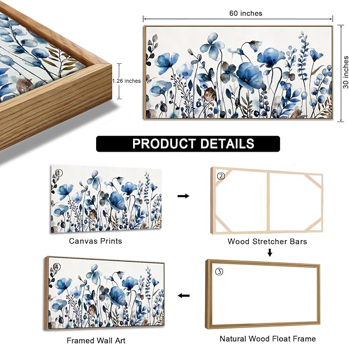 VEAEE Floral Wall Art, Abstract Indigo Flowers Canvas Pictures, Living Room Wall Decor, Modern Landscape Painting, Botanical Grass Artwork for Bedroom Bathroom Kitchen Office Wall Decor 29"x 58"