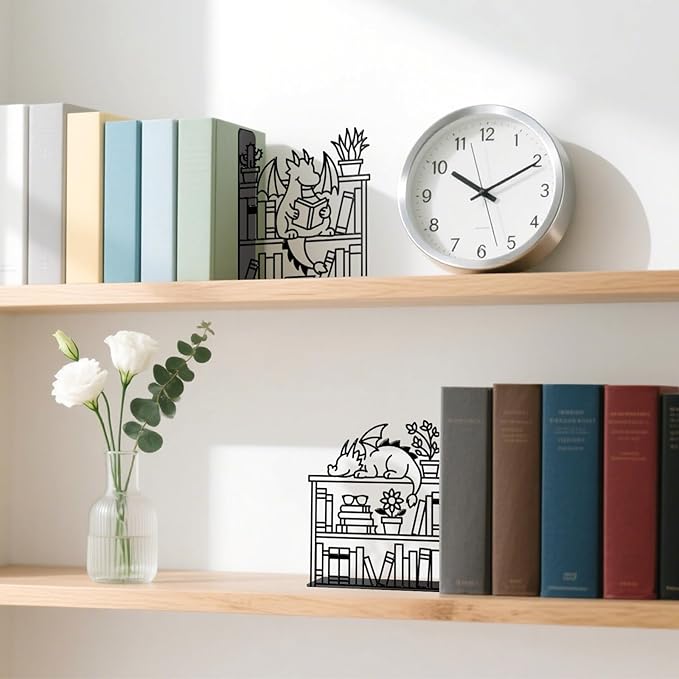 Metal Decorative Bookend Unique Dragon Bookends Decorative Cute Book Ends for Shelves Bookshelf Home Office Desk Bookshelf Decor Gift for Reading Enthusiasts