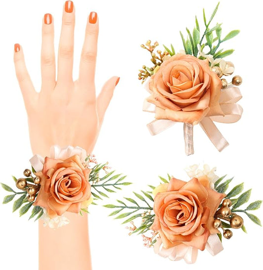 2 Pcs Rose Wrist Corsage and Boutonniere Set, Rose Corsage Hand for Women, Boutonniere for Men Wedding Artificial Flowers Accessories Prom Decor, Wedding Party Accessories (Orange)