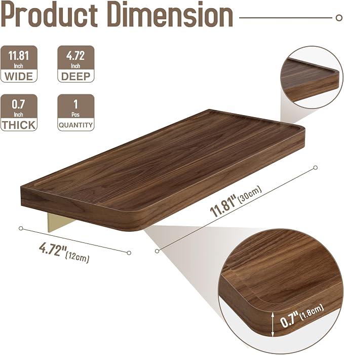 Danpoo 12 inch Floating Walnut wall Shelf, Small Wood Shelf for wall, Waterproof Wooden Shelf for Bathroom