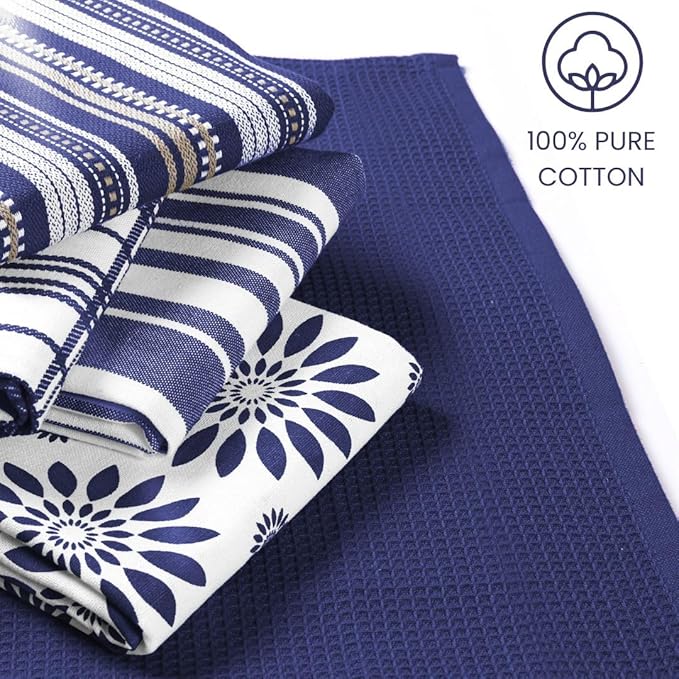 Assorted Kitchen Towels Large 16x26 inches 100% Cotton Set of 5 - Soft Absorbent Washable Tea Towel for Kitchen - Dish Cloths with Hanging Loop - Quick Drying Dish Towels Navy Blue