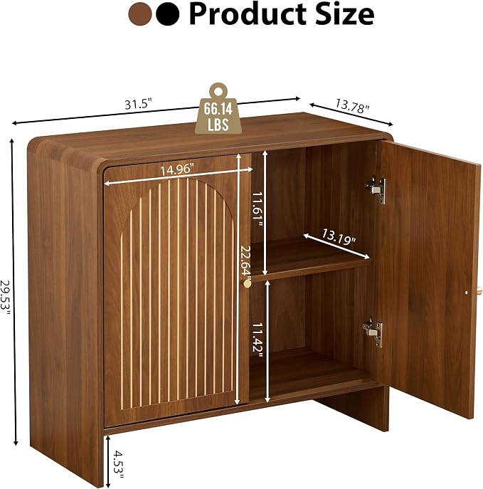 Sideboard Buffet Cabinet with Storage, Wood Arched Storage Cabinet with 2 Doors and Adjustable Shelf, Small Curved Entryway Accent Cabinet for Living Room Hallway Kitchen Dining Room, Walnut