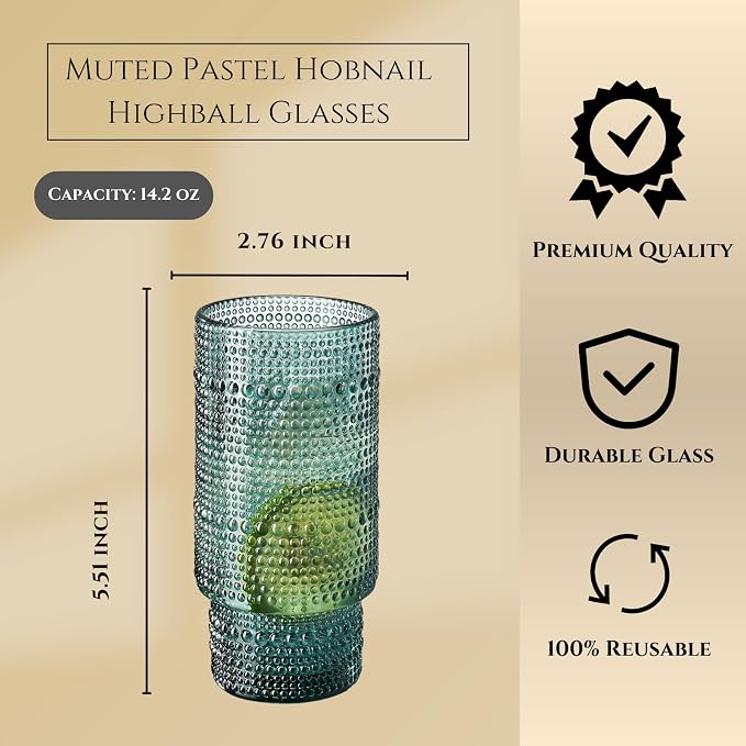 Khen Colored Vintage Art Deco Glasses - Martini, Margarita, Cocktail & Champagne Ribbed Glasses | Set of 6 | Cute Pastel Crystal Cocktails Glassware, Stemmed Glassware Gift - Hobnail Tumblers & Straws