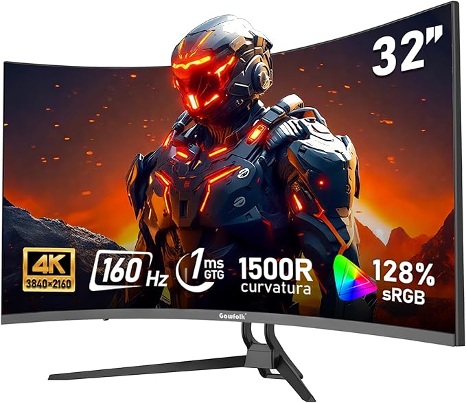 Gawfolk 32-inch 4K Ultra HD Curved 1500R Computer Monitor, 160Hz Gaming Screen, 1ms, Adaptive Sync, 128% sRGB, 178° Wide Viewing Angle, HDMI 2.1, DisplayPort, Compatible with 75*75MM Wall Mount-Black