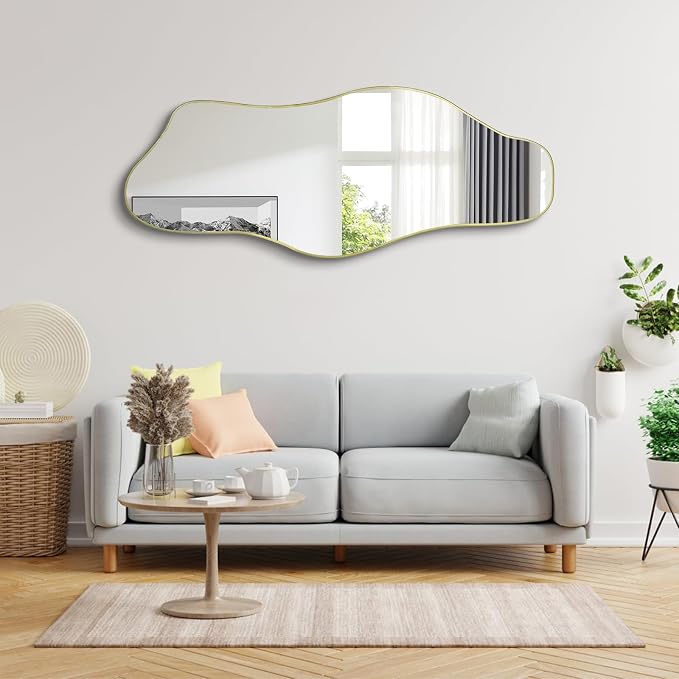 Irregular Wall Mirror, 60"x24" Large Asymmetrical Tempered Glass Mirror, Gold Modern Organic Frameless Mirrors for Entryway Hallway Bedroom Living Room, Horizontal or Vertical Hanging