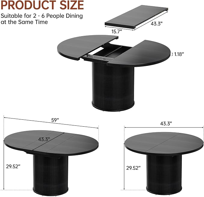 Extendable Round Dining Table for 4-8, 43in-59in Modern Wood Dining Room Table with Removable Leaves, Extendable Dinner Tables w/Heavy Duty Base for Kitchen|Living Room|Small Space, Black