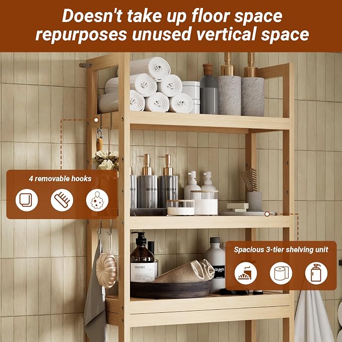 Over the Toilet Shelf, 3-Tier Over Toilet Storage Cabinet with Adjustable Shelves and 4 Hooks, Freestanding Wood Bathroom Organizer Space Saver for Small Bathrooms, Oak
