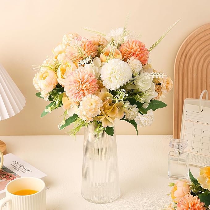 12 Bundles Peonies Artificial Flowers Silk Flowers Fake Peony Bouquet Faux Peonies Flowers Bulk for Wedding Decor Centerpiece Table Decorations (Orange White)