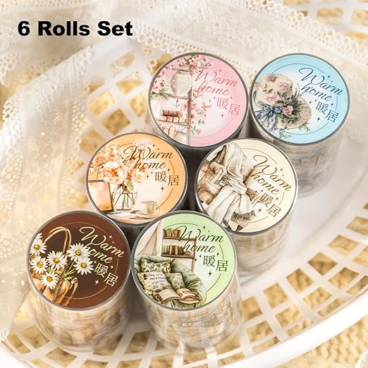 AuriicLeaf Cozy Home-Themed PET Tape Set, 6 Rolls Pre-Cut Scrapbook Stickers for Journal Supplies, Planner, DIY Crafts, and Gift Wrapping
