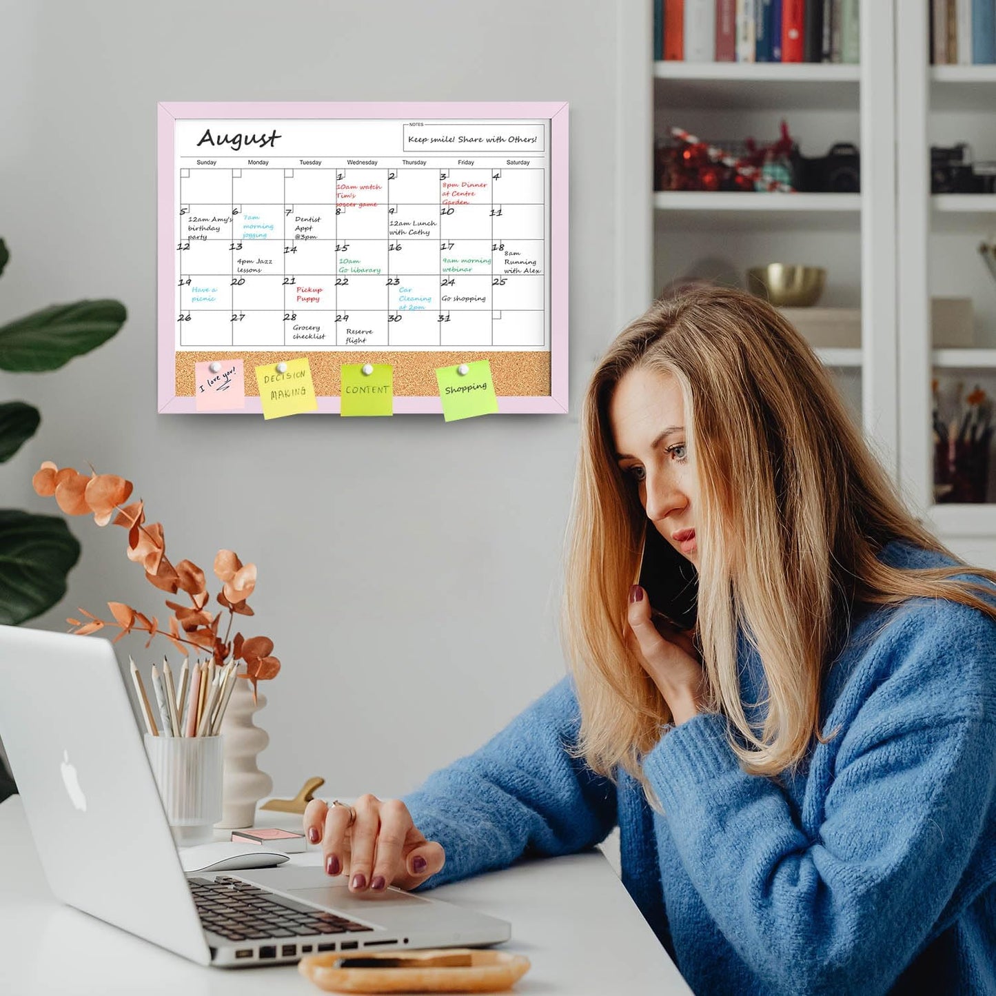 Skiennix Dry Erase Calendar Cork Board Combo - 17x13 Inch Magnetic Whiteboard with Pink Frame for Home & Office Planning