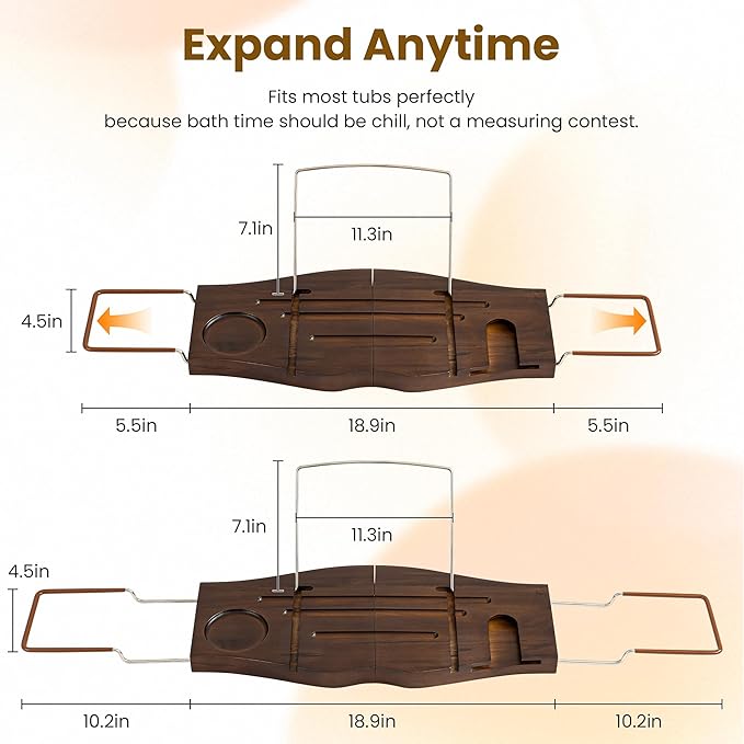 Teak Bathtub Tray Expandable Bathroom Tray for Home Spa Relaxation, Wooden Tray Caddy for Bathtub, Teak Bathtub Caddy as Unique Housewarming, Birthday, Wedding Shower Gifts. Dark Walnut