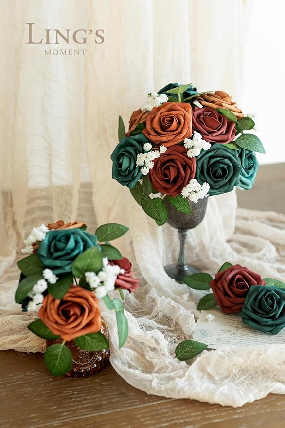 Ling's moment Artificial Flowers, 50Pcs 3" Roses in Teal Shades, Realistic DIY Foam Floral Decor for Wedding Bouquets/Centerpieces, Outdoor Party Backdrops, Room/Table, and Garden/Pot Decorations