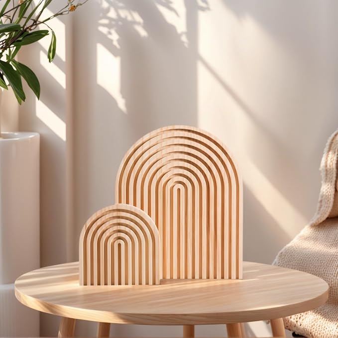 2 Pcs Natural Wood Arch Decor, Boho Shelf & Serving Board for Fireplace Mantel, Kitchen Counter - Light Pine Finish, Scandinavian & Japandi Style Aesthetic Accents for Living Room, Home Office