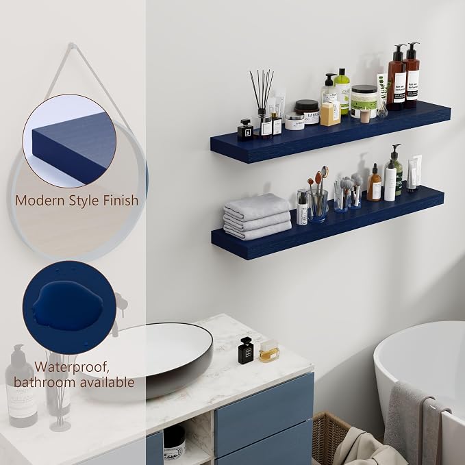 fuqing Dark Blue Floating Shelves 36 Inch, Solid Wooden Wall Shelves Set of 2, Rustic Floating Wall Shelves for Decor & Storage for Living Room Bedroom Bathroom