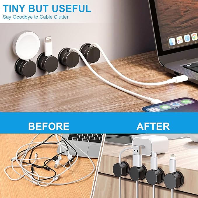 6pcs Magnetic Cable Clips, 360° Swiveling Adhesive Cable Organizer - Compact Cable Holder for Desk, Nightstand, Car, Kitchen & Home Office - Charger Cord Holder Solution by MarLigavid (Black)