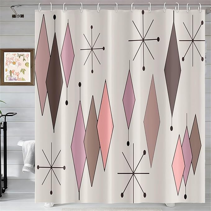 Mid Century Shower Curtain Vintage Abstract Pink Brown Diamond Geometric Atomic Starburst Pattern for 1950s Retro Bathroom Decor Accessories Shower Curtain Set with 12 Hooks, 72x78 Inches