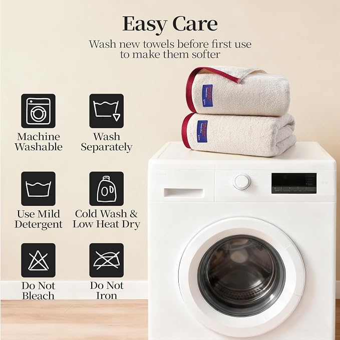REDKISS 2 Pack Cotton Bath Towels, Soft Absorbent 600 GSM, 27x54 Inch | Quick Dry | Reinforced Stitching | Modern Contrast Border Design | Machine Washable | Bathroom, Gym|Spa & Guest Use | Beige