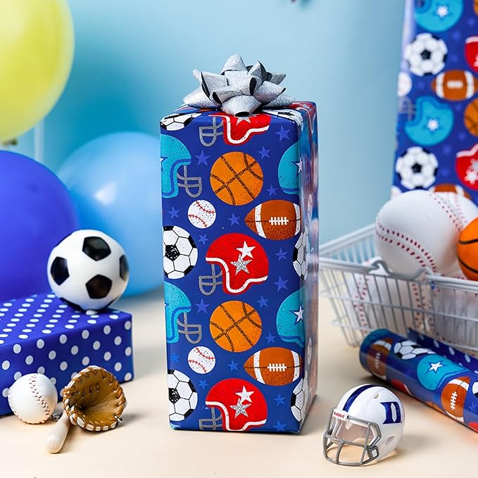 Homeral Football Reversible Wrapping Paper Roll - Mini Roll -17 Inch x 16.5 Feet, Sport Theme Gift Wrap for Boys Birthday, holiday, Game Lovers