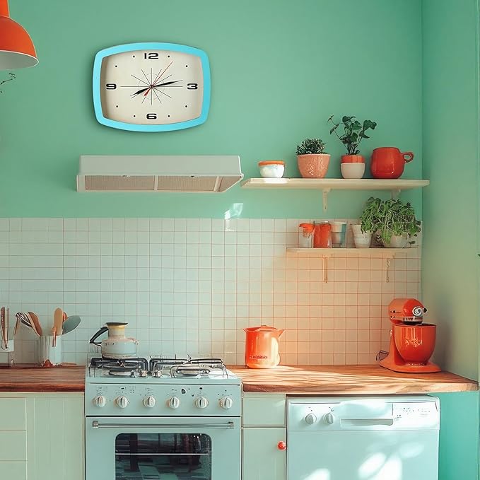 2 Pcs Retro Wall Clock ModernMid Century Decoration Silent Non Ticking Blue Orange 10 Inch Rectangular Retro Clock Battery Operated Vintage Wall Art for Living Room Office Kitchen Bedroom