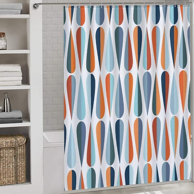 Mid Century Modern Shower Curtain,Abstract Geometric Drop Shapes Art Style Shower Curtains Set for Bathroom Fabric Decorative Bath Curtain Washable Curtain Hooks, 72x72”