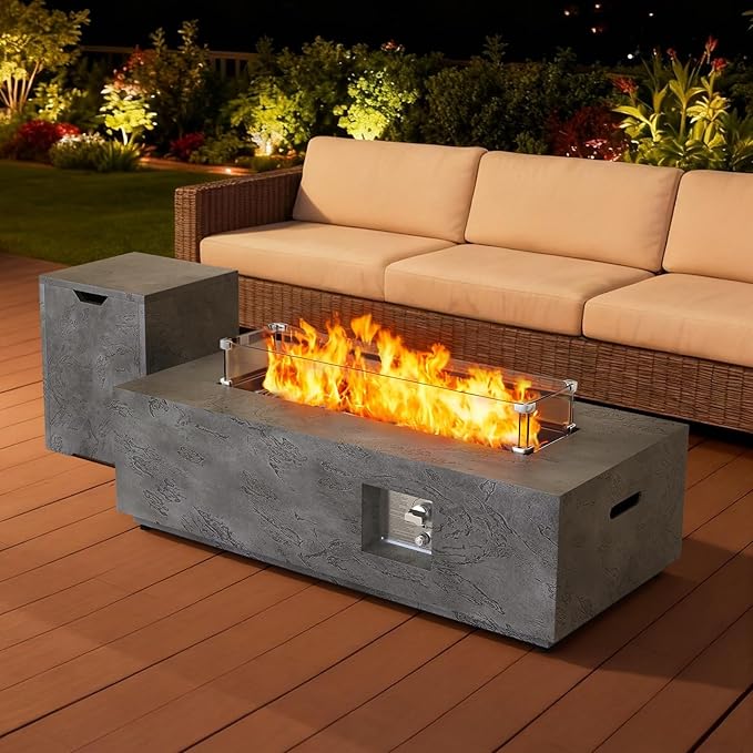 2-Piece 42" Rectangular Propane Fire Pit for Outside Patio with Hidden Tank Table, 50,000 BTU Fireplaces with Glass Wind Guard, Lid, Glass Rocks, Cover(Grey Rock Veins)