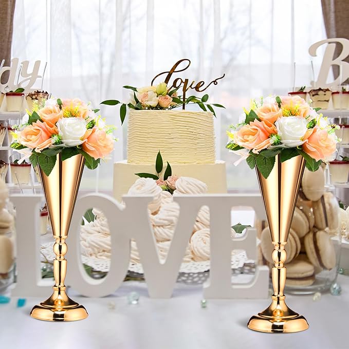 6 Pcs Flower Trumpet Gold Vase Tabletop Centerpiece Gold Tall Flower Vases Bulk Wedding Table Decorative Centerpiece Table Decorations Arrangements for Floral Party Anniversary Birthday(M)