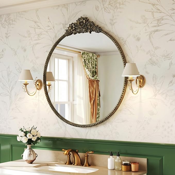 Baroque Antique Black Round Mirror for Wall Decor - 24" Circle Wall Mirror with Vintage Ornate Carved Floral Top Beaded Metal Frame for Bathroom Vanity, Entryway, Fireplace, Living Room, Bedroom