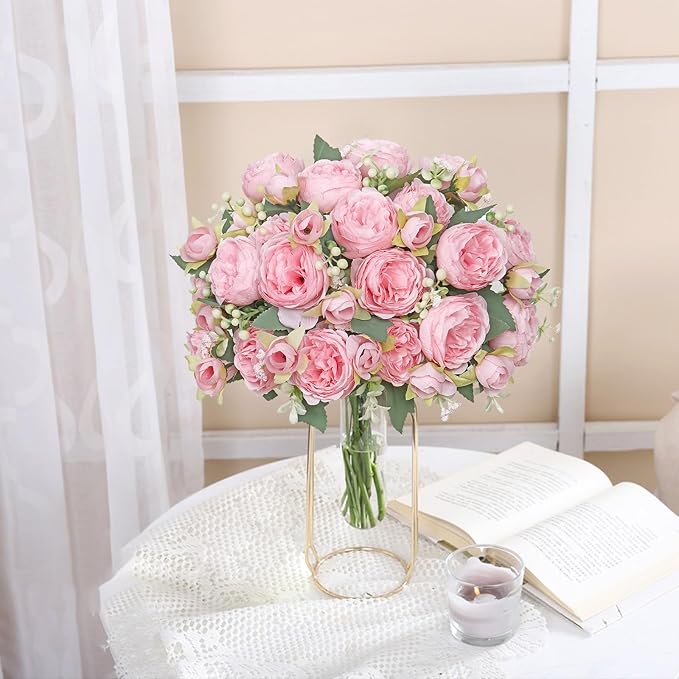 SOMYTING Artificial Peony Flower, Silk Peonies Bouquet Fake Flowers Faux Floral Arrangements Dining Table Centerpieces for Home Kitchen Bridal Wedding Party Decor (Light Pink, 2PCS)