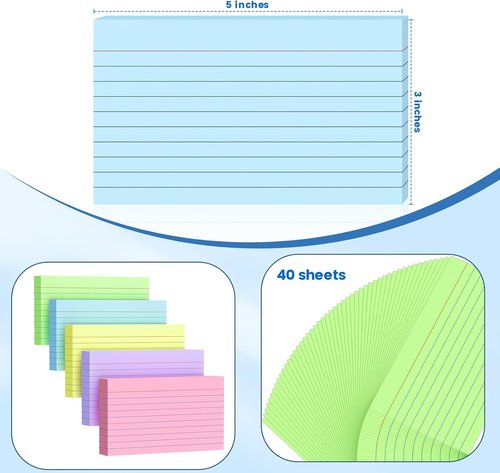 Skiennix 250 Count 3x5 Inch Colored Index Cards - Heavyweight 180gsm Flash Cards for Note Taking