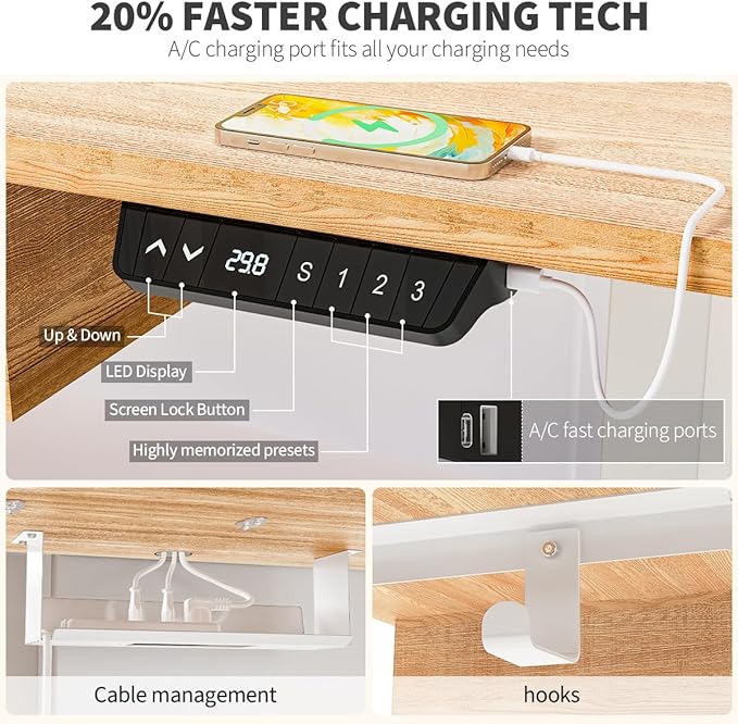 Kingant Standing Desk with Fast Charging USB Ports, 63" x 30" Height Adjustable Home Office & Gaming Desk, Sit Stand Desk with Built-in Storage Shelf, Hook & Ergonomic Design(Maple)