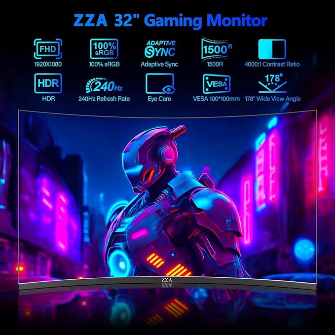 ZZA 32 Inch Curved Gaming Monitor 240hz,1K 1080P Computer PC Monitor with 1500R |1ms (GTG) | HDR 600|Curved|122% sRGB|DP/HDMI|VESA|FreeSync & G-Syn,Mount Business, Office, Casual Gaming Monitors
