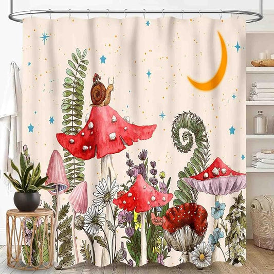 Mushroom Shower Curtain, Wild Floral Botanical Moon Star Daisy Cottagecore Nature Botanical Plants Herbs Farmhouse Waterproof Fabric Bathroom Shower Curtain Set with Hooks, 72"x84" Inch
