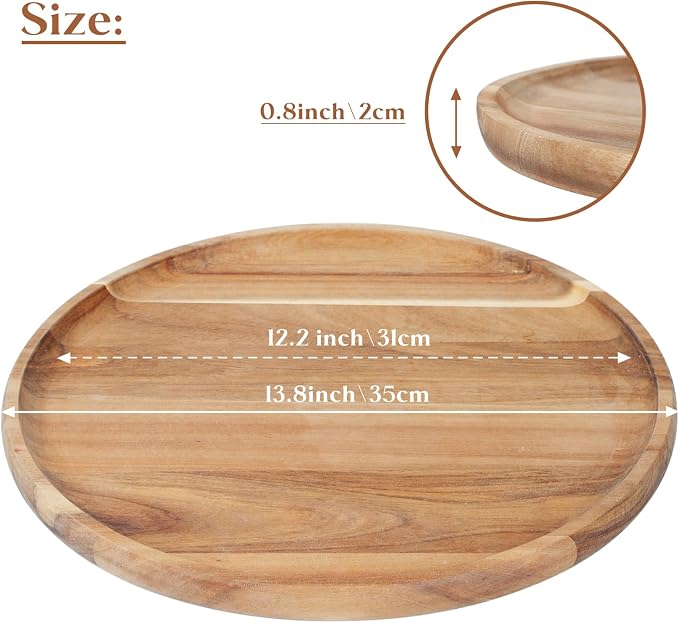 YANGQIHOME Round Wood Tray, Acacia Wooden Serving Tray, Serving Platter, Appetizer Charcuterie Board, Tray Organizer for Kitchen/Countertop, 13.8 x 13.8 x 0.8 inch